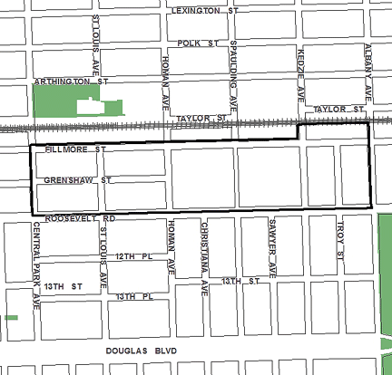 Roosevelt/Homan TIF district map, roughly bounded on the north by Taylor Street, Roosevelt Road on the south, Albany Avenue on the east, and Central Park Avenue on the west.
